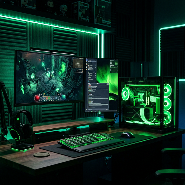 Gaming Setup con iluminación verde
